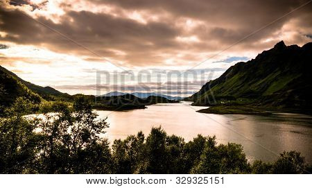 Sea Panoramic View To Ingelsfjorden At Hinnoya, Lofoten, Norway