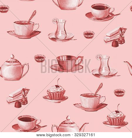 Cute Seamless Pattern From Tea Ware And Desserts On A Pink Background.