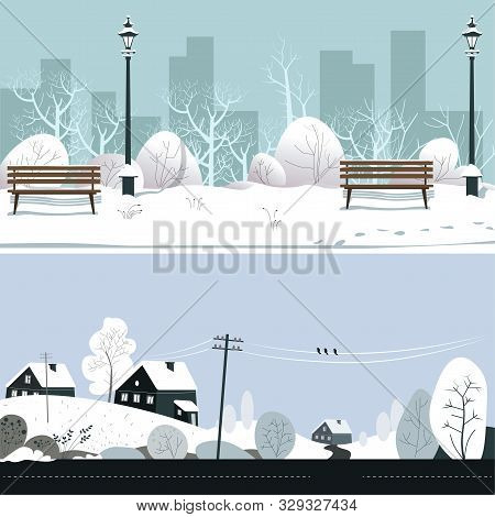 Park And Countryside In Winter, Snowy Landscape, Benches And Houses