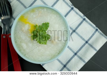 Congee With Minced Pork. Breakfast Food Concept.