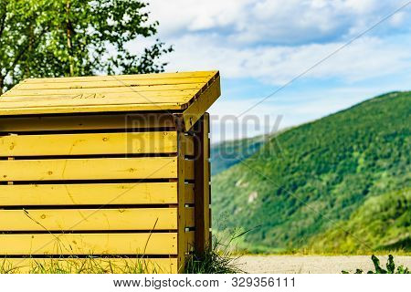Picnic Site Rest Stop Area With Garbage Bin In Norwegian Nature. Scandinavia Europe.