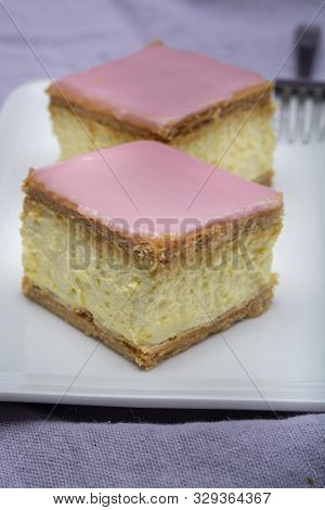 Tompoes Or Tompouce, Iconic Pastry In Netherlands And Belgium Made From Puff Dough, Icing, Cream