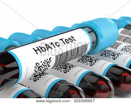 3d Render Of Hba1c Blood Tubes Over White Background. Test For Diabetes Concept.