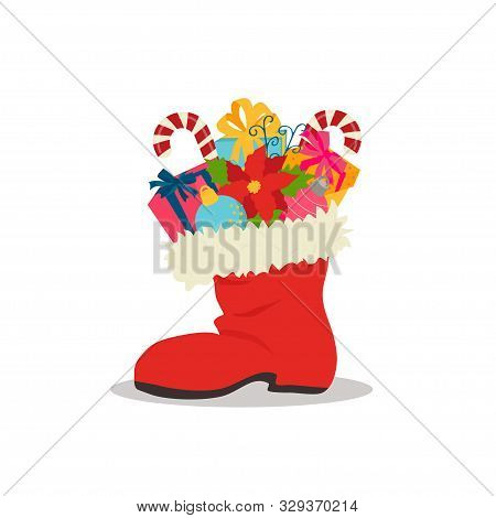 Gifts, Christmas Balls And Poinsetia In New Years Boot. Vector Illustration For Holiday Greeting Car