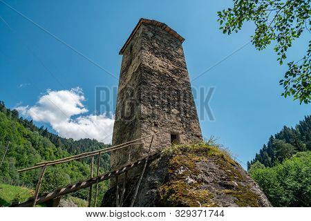 The Medieval Svan Love Tower On Enguri River, Kala Village, Samegrelo-zemo Svaneti, Georgia.