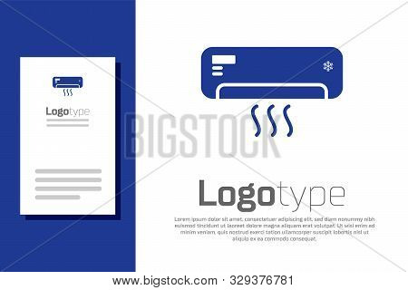Blue Air Conditioner With Fresh Air Icon Isolated On White Background. Split System Air Conditioning