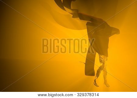 Flying Ghost Boy Figure Covered With A Black Blanket Sheet On Dark Background. Halloween 3d Illustra