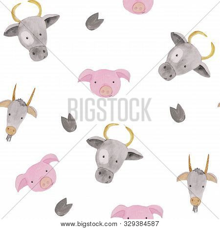 Seamless Pattern With Farm Animals - Pig, Cows And Goats .. Watercolor Illustrations For Prints, Des