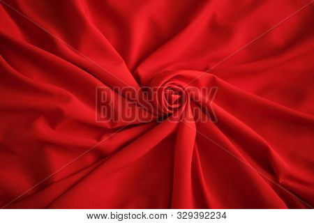 Red Batiste Made Of Cotton. Sample Of Red Soft Fabric With Pleats. Top View