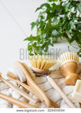 Dish Washing Brushes, Bamboo Toothbrushes, Bamboo Towel. Sustainable Lifestyle Zero Waste Concept. C