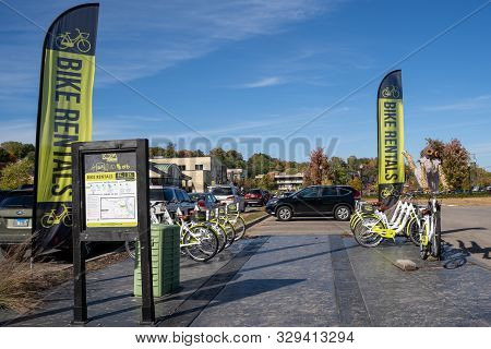 Stillwater, Minnesota - October 14, 2019: Bike Rentals For Use In Downtown Stillwater, Provided By D