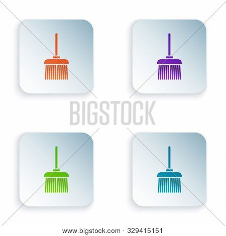 Color Handle Broom Icon Isolated On White Background. Cleaning Service Concept. Set Icons In Colorfu