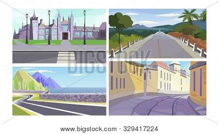 Streets And Roads Vector Illustration Set. Mansion Facade With Grass And Pavement, Country Road, Hig