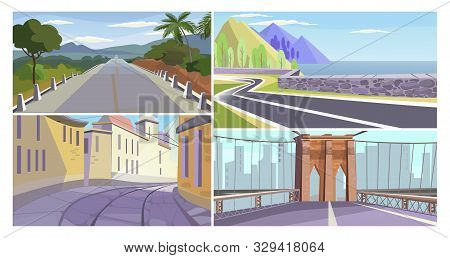 Roads Vector Illustration Set. Country Road, Highway Along Seaside, Narrow Old City Alley, City Brid