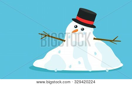Cuite Sad Melting Snowman With Hat And Tears In Flat Cartoon Style, Isolated On Blue Background. Vec