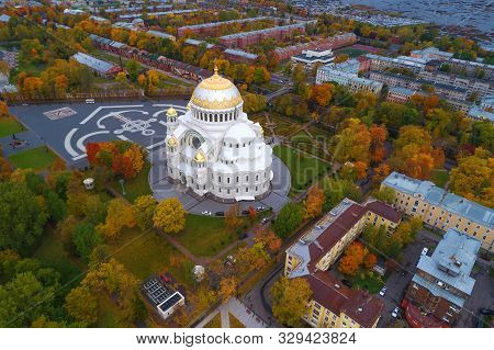 View Of The Old St. Nicholas Naval Cathedral In Golden Autumn (aerial Photography). Kronstadt, Russi