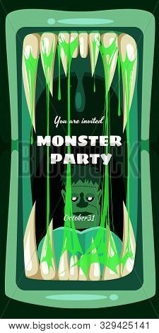 Creepy Monster Party Halloween Party Banner Scary Monster Character Teeth Jaw And Tongue In Mouth Cl