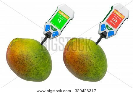 Nitrate Testers With Mangos. Measurement Of Nitrate Levels In Mangos, Normal Range And Higher Than N