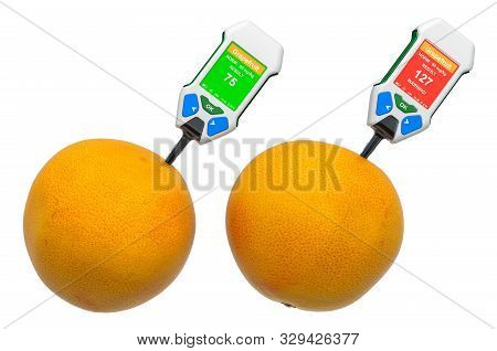 Nitrate Testers With Grapefruits. Measurement Of Nitrate Levels In Grapefruits, Normal Range And Hig