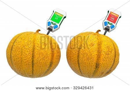 Nitrate Testers With Melons. Measurement Of Nitrate Levels In Melons, Normal Range And Higher Than N