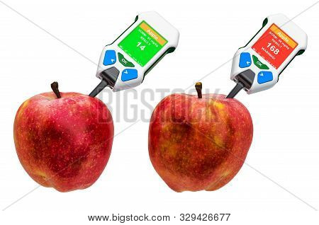 Nitrate Testers With Apples. Measurement Of Nitrate Levels In Apples, Normal Range And Higher Than N