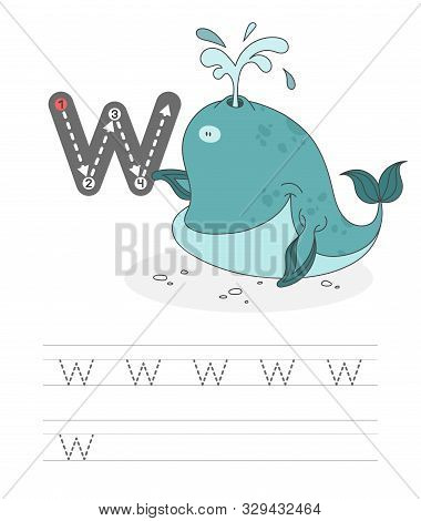 Learning To Write A Letter - W. A Practical Sheet From A Set Of Exercises Game For Kids.cartoon Funn