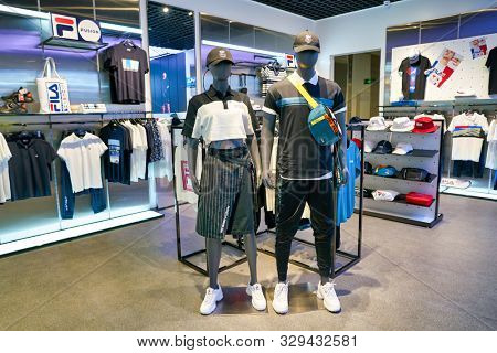 SHENZHEN, CHINA - CIRCA APRIL, 2019: interior shot of Fila store in Shenzhen. Fila is an Italian sporting goods brand and company