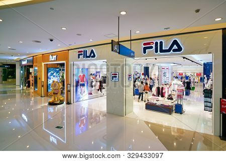 SHENZHEN, CHINA - CIRCA APRIL, 2019: shopfront of Fila store in Shenzhen. Fila is an Italian sporting goods brand and company