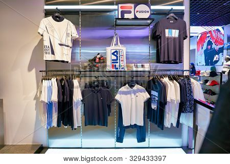 SHENZHEN, CHINA - CIRCA APRIL, 2019: interior shot of Fila store in Shenzhen. Fila is an Italian sporting goods brand and company