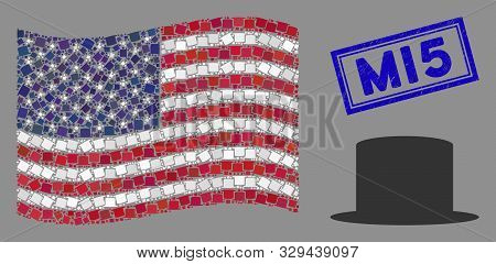 Gentleman Hat Items Are Arranged Into Usa Flag Collage With Blue Rectangle Distressed Stamp Watermar