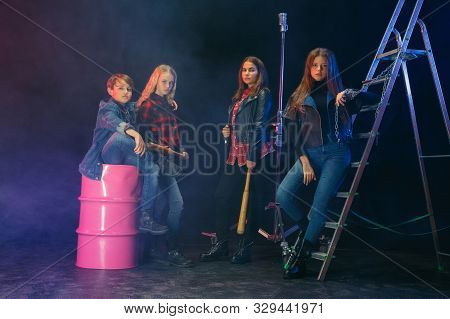 Rebel Youth. Full Length Portrait Of Cocky Children In Stylish Jeans And Leather Clothes. Concept Of