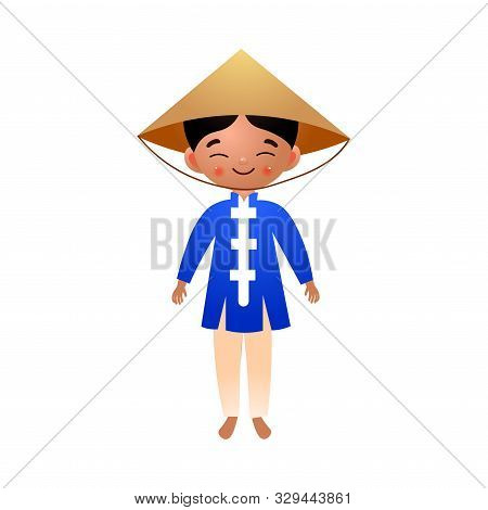 Asian Boy In A Traditional Ethnic Blue Shirt With A Conical Hat. Vector Illustration In Flat Cartoon