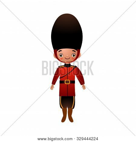Beefeater English Soldier In Traditional Red Clothes With Long Black Hat. Vector Illustration In Fla