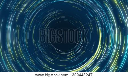 Blue And Yellow Abstract Circular Radial Lines Background. Data Flow. Optical Fiber. Motion Effect. 