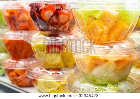 Fresh Chopped Fruits In Plastic Boxes In Local Store In Usa. In-house Cut And Packed Strawberries, B