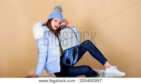 Time To Rest. Girl In Puffed Coat. Faux Fur Fashion. Warm Winter Clothing. Shopping. Woman In Beanie