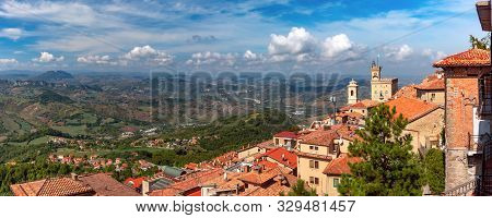 Aerial Panoramic View Of San Marino Cityscape With Palazzo Pubblico, Town Hall Of The City Of San Ma