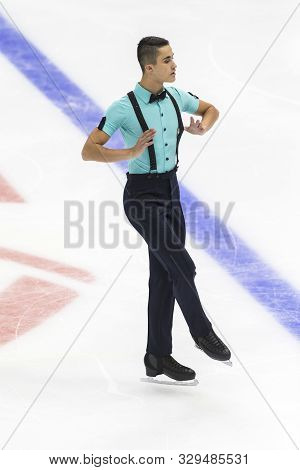 Minsk, Belarus -october 19, 2019: Figure Skater Yakau Zenko From Belarus Performs Men Short Program 