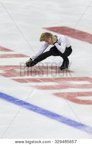 Minsk, Belarus -october 19, 2019: Figure Skater Daniel Grassl From Italy Performs Men Short Program 