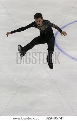 Minsk, Belarus -october 19, 2019: Figure Skater Artem Kovalev From Russia Performs Men Short Program