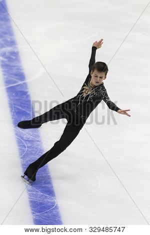 Minsk, Belarus -october 19, 2019: Figure Skater Artem Kovalev From Russia Performs Men Short Program