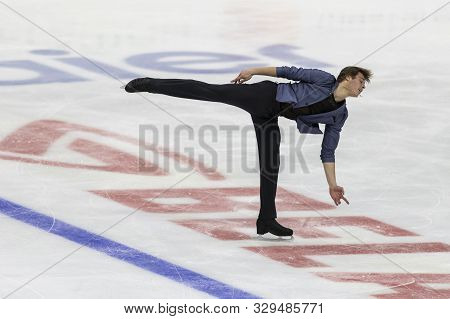 Minsk, Belarus -october 19, 2019: Figure Skater Aleksandr Selevko From Estonia Performs Men Short Pr