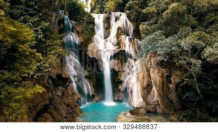 Long Exposure Drone Shot Of Luang Prabangs Highlight, The Kuang Si Waterfalls In Laos