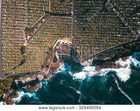 Birds Eye View Of Sydneys Huge Ocean Cemetery, Bondi To Coogee Beach Coastal Walk, Sydney, Australia
