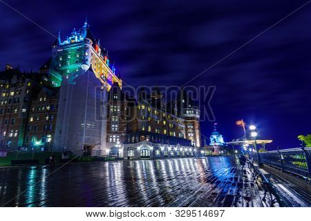 Night View Of The Dufferin Terrace And The Chateau Frontenac, In Quebec City, Quebec, Canada