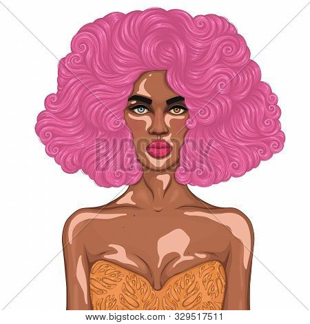 Vector African Young Girl With Skin Problems Vitiligo. Heterochromia Iridis, Two Seperate Eye Colors