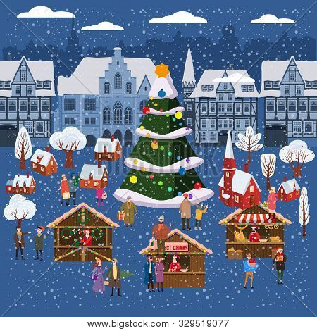 Christmas Market Or Holiday Winter Outdoor Fair On Oldtown Square Big New Year Tree Cityscape. Big S