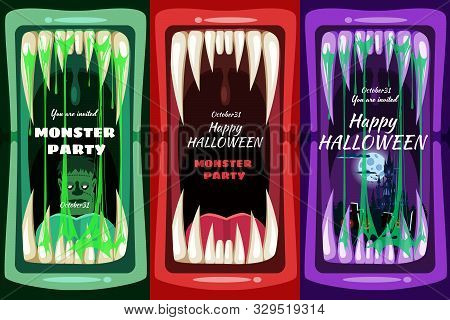 Set Creepy Halloween Party Banners Scary Monster Character Teeth Jaw In Mouth Spittle Closeup Dark C