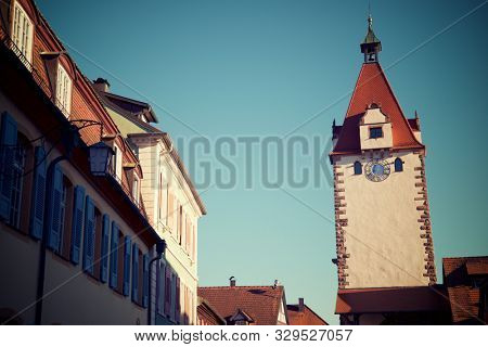 View of a tower in the village of Gengenbach, Germany.