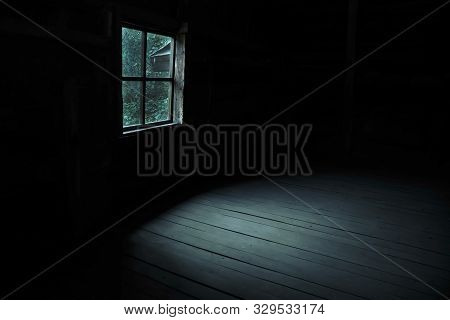 Abstract Horror Background For Halloween. Gloomy Scary Terrible Window With Ghostly Light And Shadow
